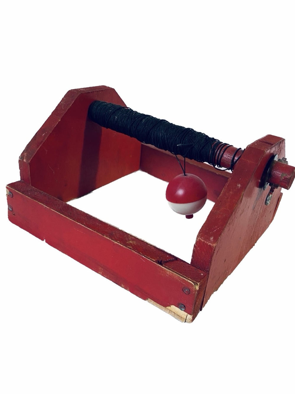 Vintage Ice Fishing Box Reel Set Up. Distress and wear from age and use.